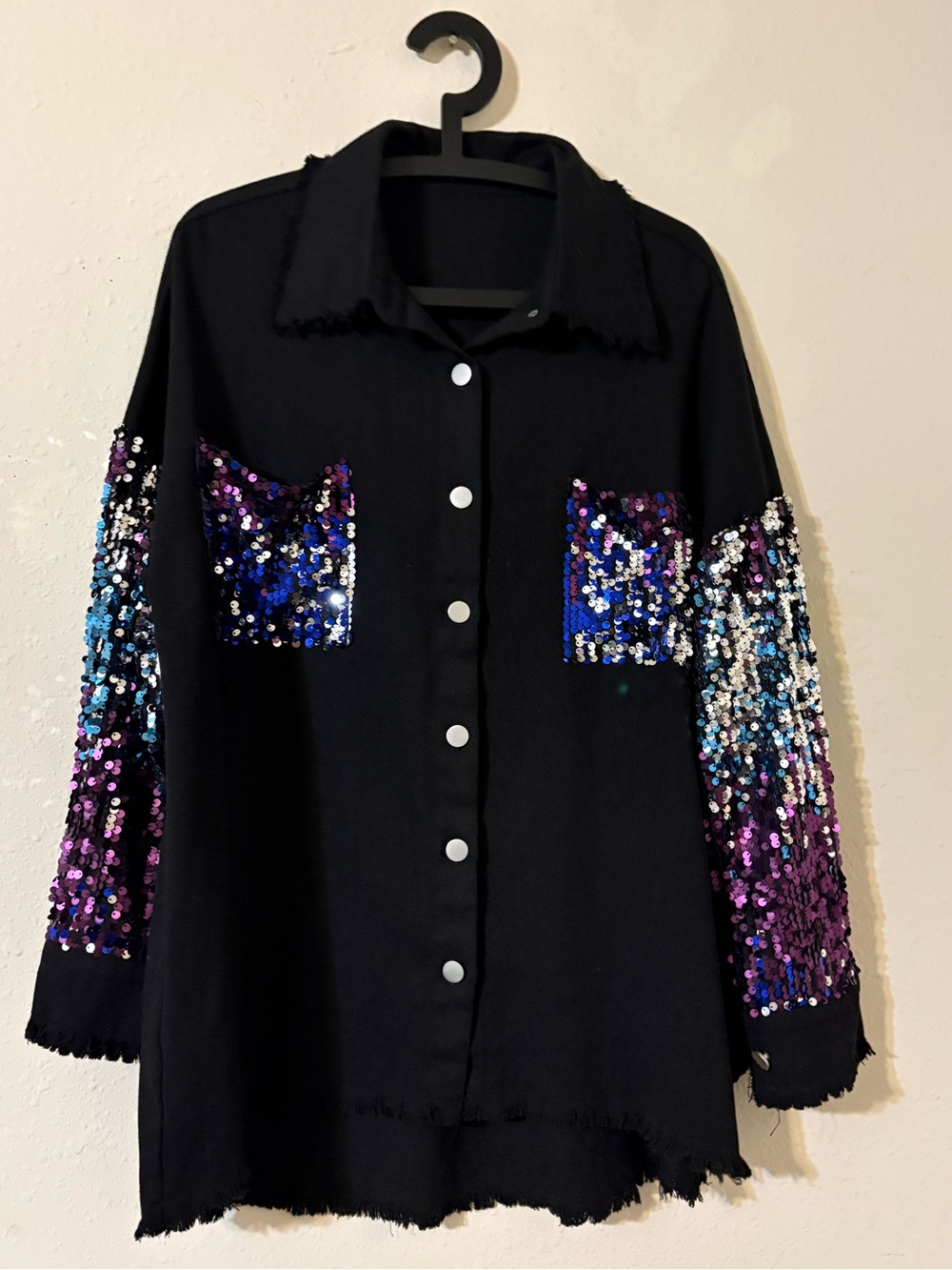 Black Sequin-Sleeve Jean Jacket with Multicolor Pockets
